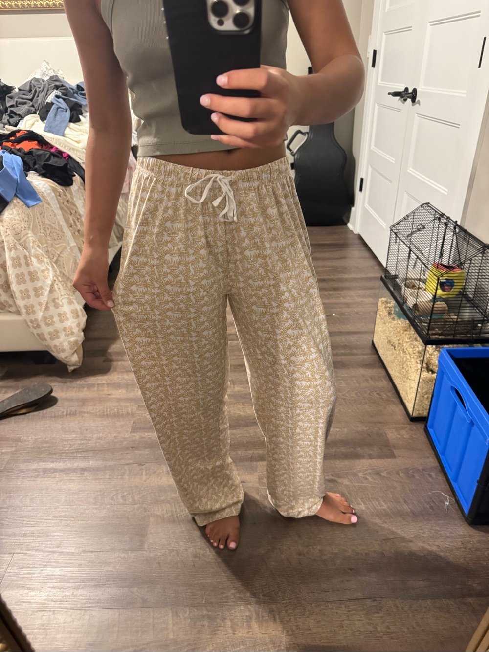 Beige Floral Lounge Pants with Drawstring